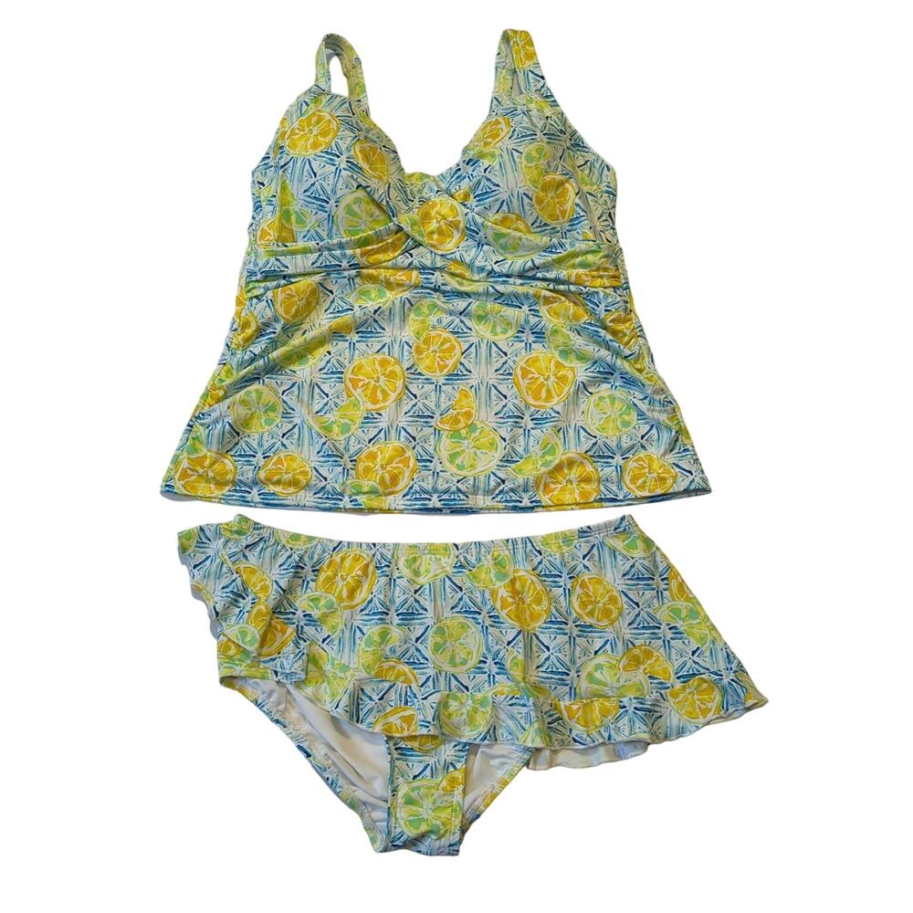 Lands' End Citrus Print Swim Two Piece - Blue and Yellow